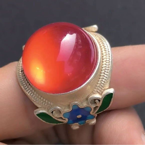 Ancient Qing dynasty Tibetan Silver Red Cloisonne jade Finger Ring size adju